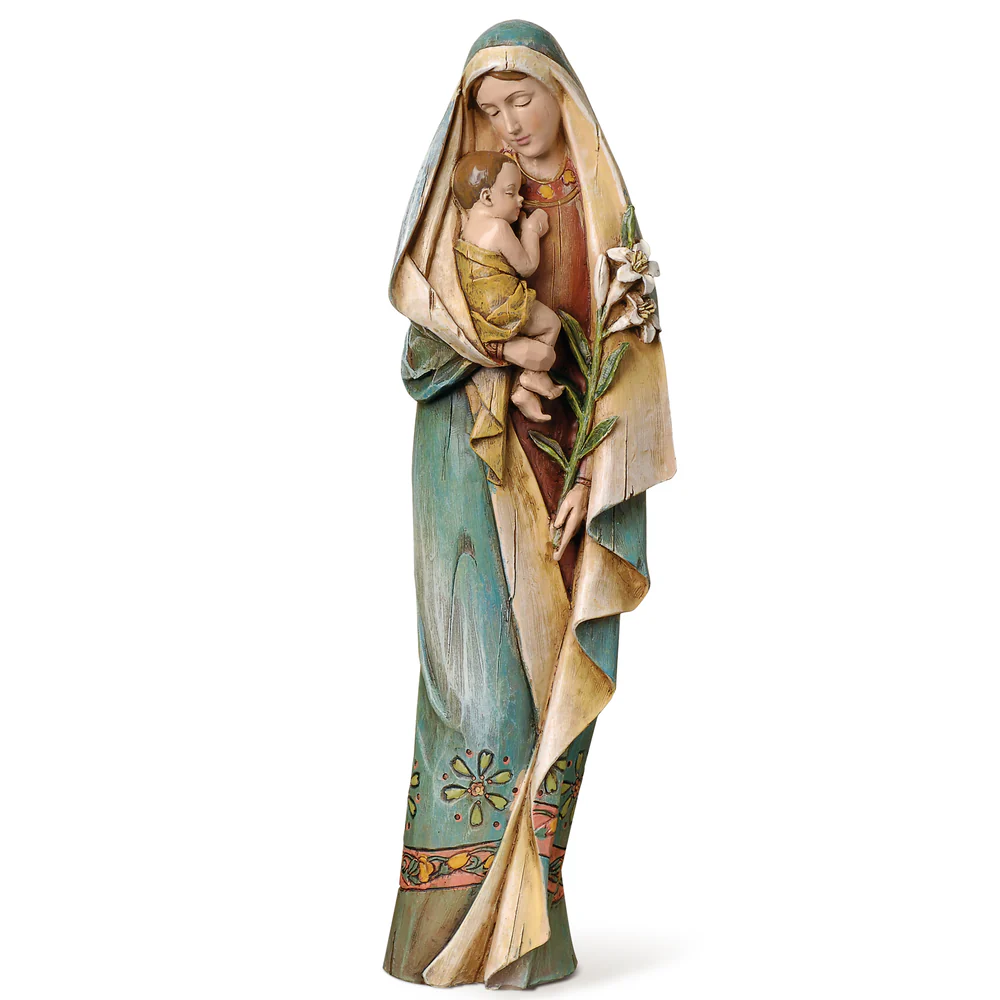Virgen con Niño Jesús y flor de lirio 26 cm